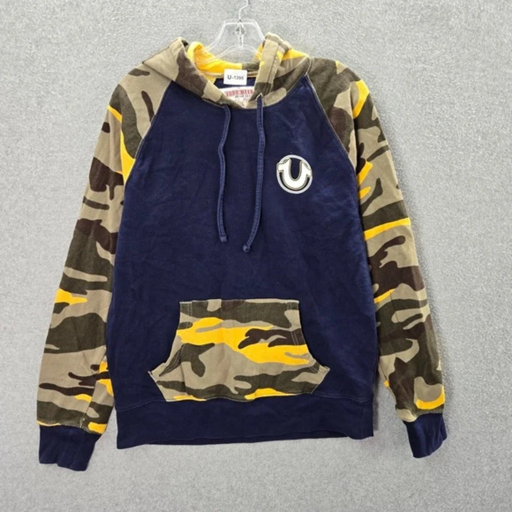 True Religion Men Sweatshirt Medium Blue Camo Terry‎ Hoodie Logo Pockets